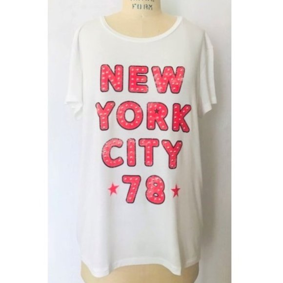 EXPRESS WHITE RED NEW YORK CITY 78 STUDDED SCRIPT GRAPHIC MODAL T-SHIRT XL NWT - Picture 8 of 8